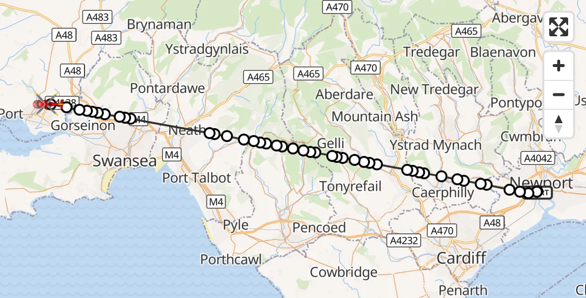 Flight route Air Ambulance Helicopter St. Woolos - Dafen, 14 October 2026, 16:01