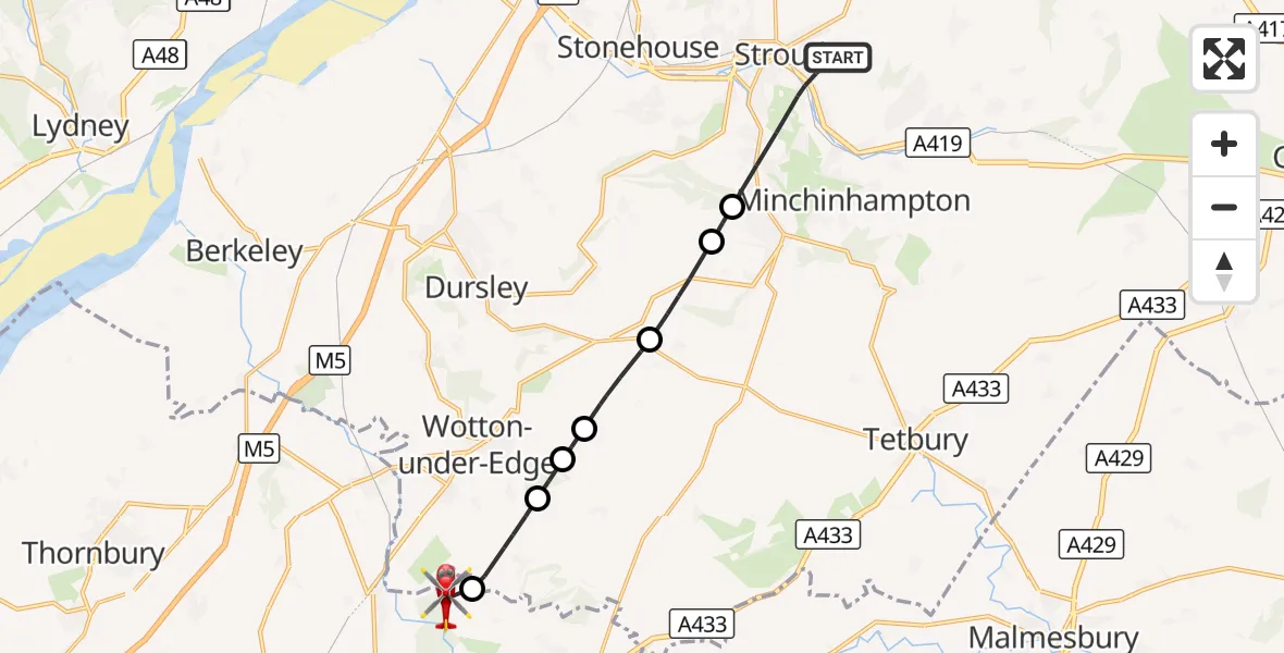 Flight route Air Ambulance Helicopter Stroud - Hawkesbury, 14 October 2026, 16:03