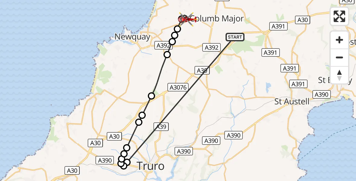 Flight route Air Ambulance Helicopter St. Columb Major - Cornwall Airport Newquay, 14 October 2026, 16:06
