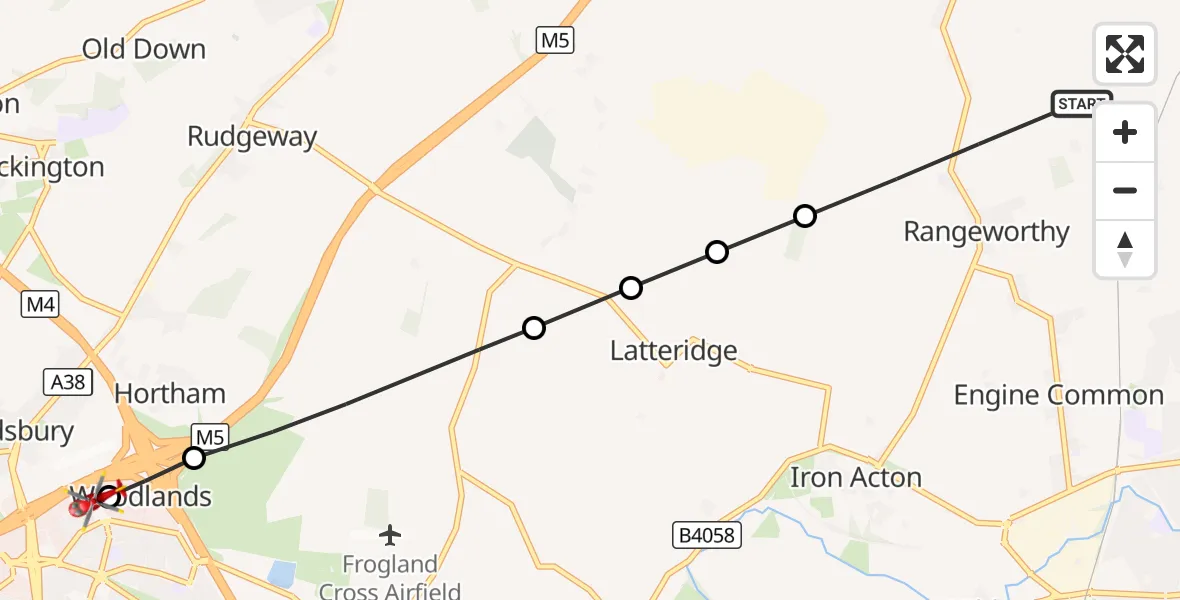 Flight route Air Ambulance Helicopter Rangeworthy - Almondsbury Helicopter Base, 14 October 2026, 16:12