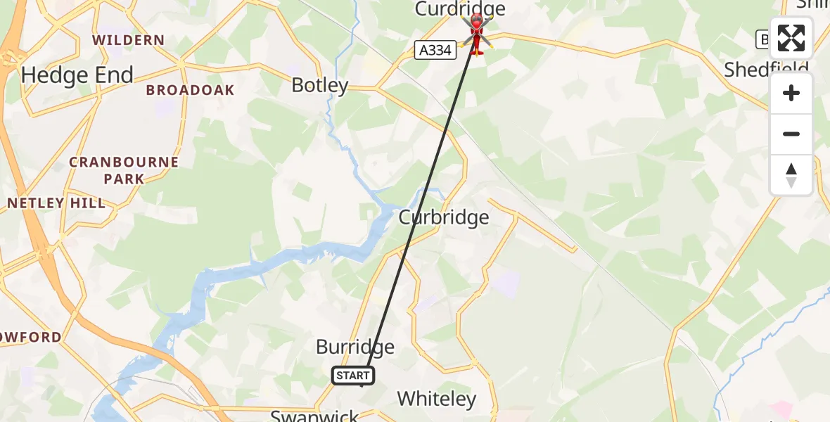 Flight route Air Ambulance Helicopter Fareham - Curdridge, 14 October 2026, 16:16