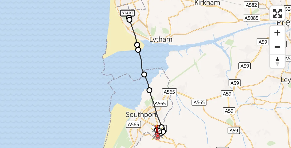 Flight route Air Ambulance Helicopter Blackpool Airport - West Lancashire, 14 October 2026, 16:24