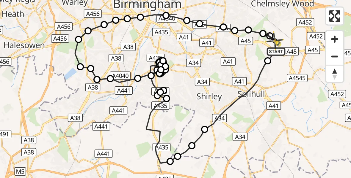 Flight route Police Helicopter Birmingham Airport - Birmingham Airport, 14 October 2026, 16:25