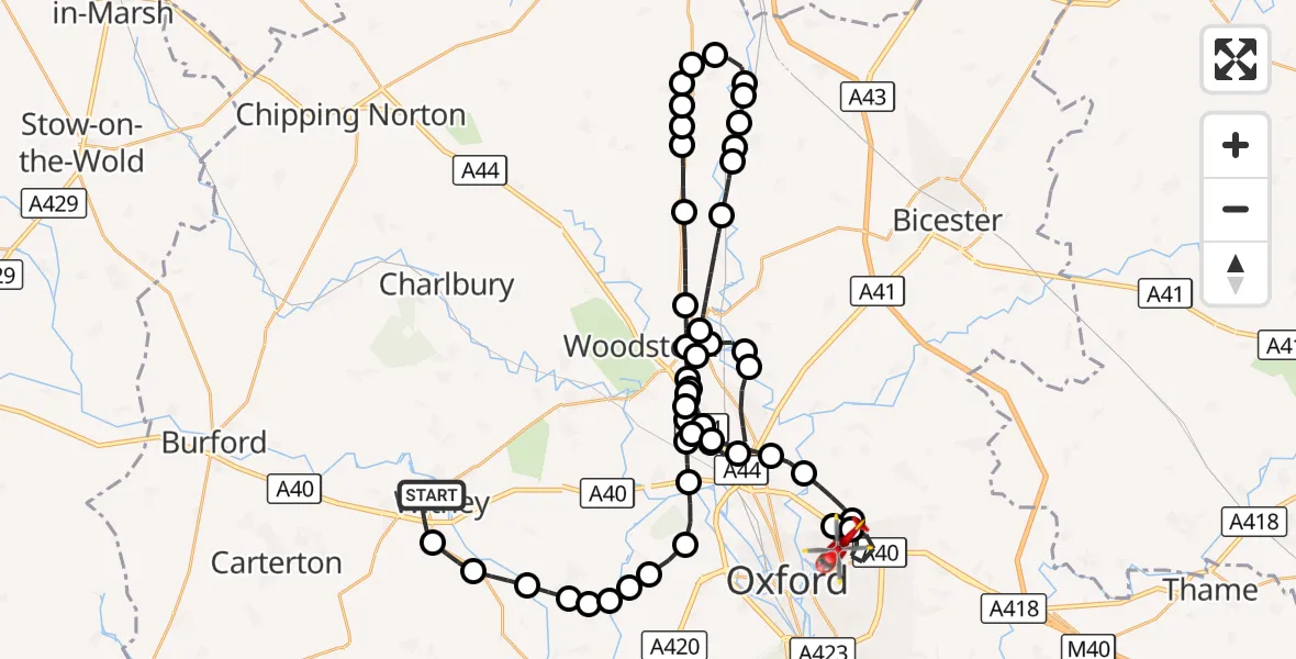 Flight route Air Ambulance Helicopter Witney - Oxford, 14 October 2026, 16:31