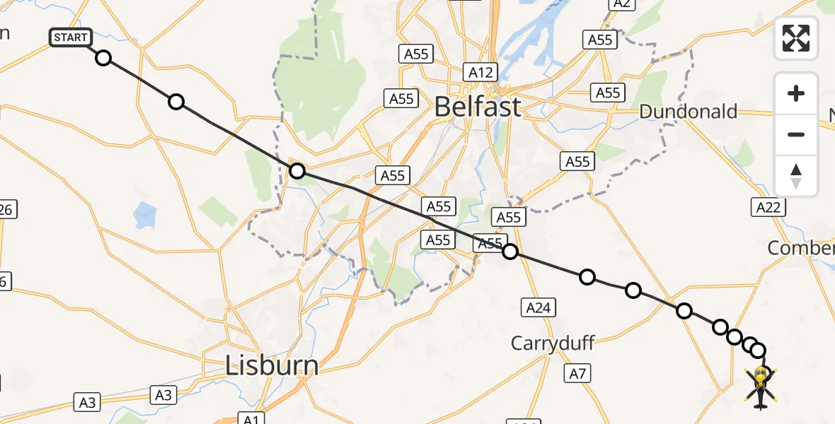 Flight route Police Helicopter Antrim and Newtownabbey District - Ards and North Down District Council, 14 October 2026, 16:34