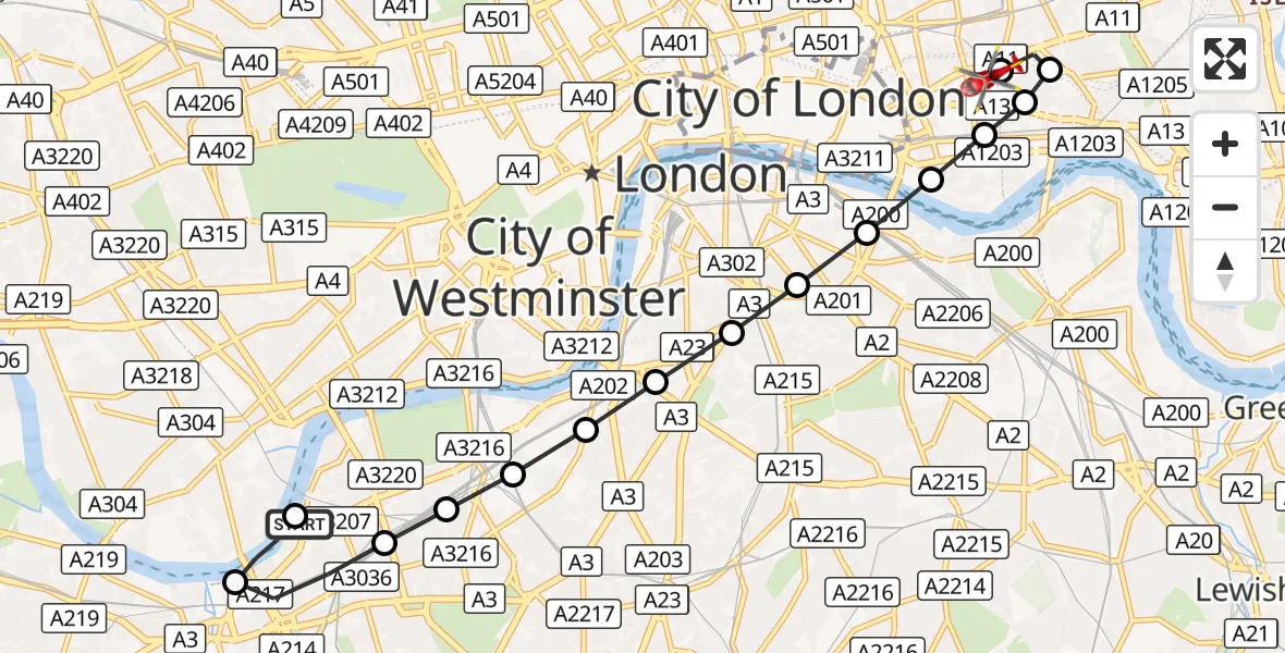 Flight route Air Ambulance Helicopter London Heliport - Royal London Hospital, 14 October 2026, 16:50