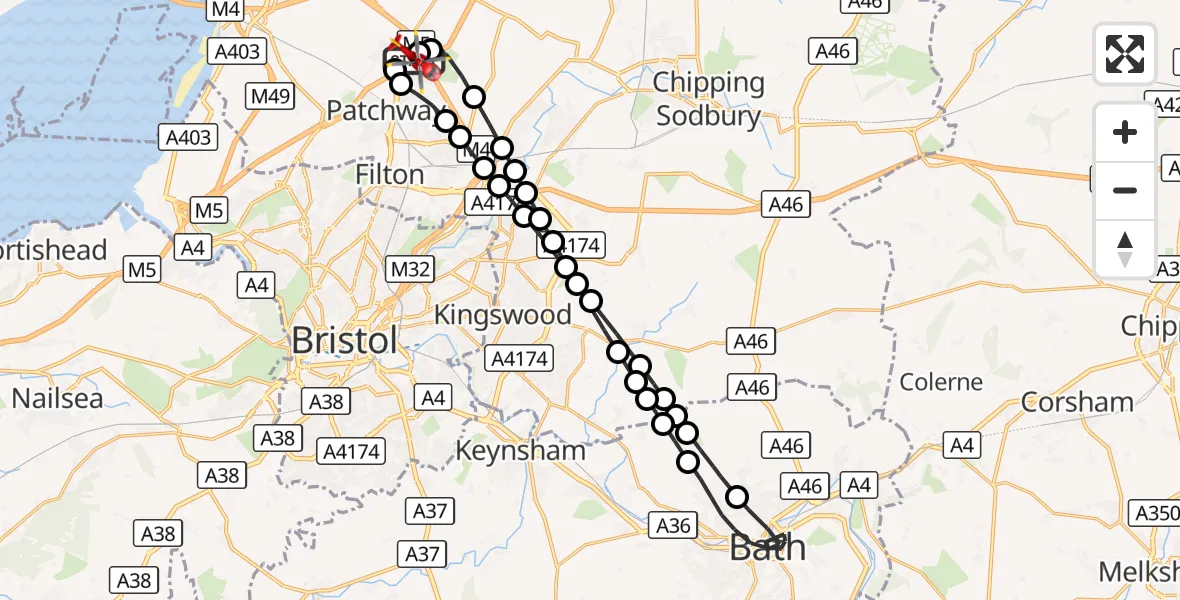 Flight route Air Ambulance Helicopter Almondsbury Helicopter Base - Almondsbury Helicopter Base, 14 October 2026, 16:53