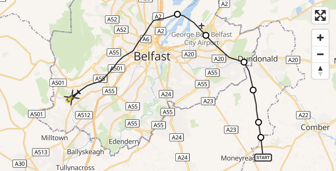 Flight route Police Helicopter Moneyreagh - Belfast City District, 14 October 2026, 16:53
