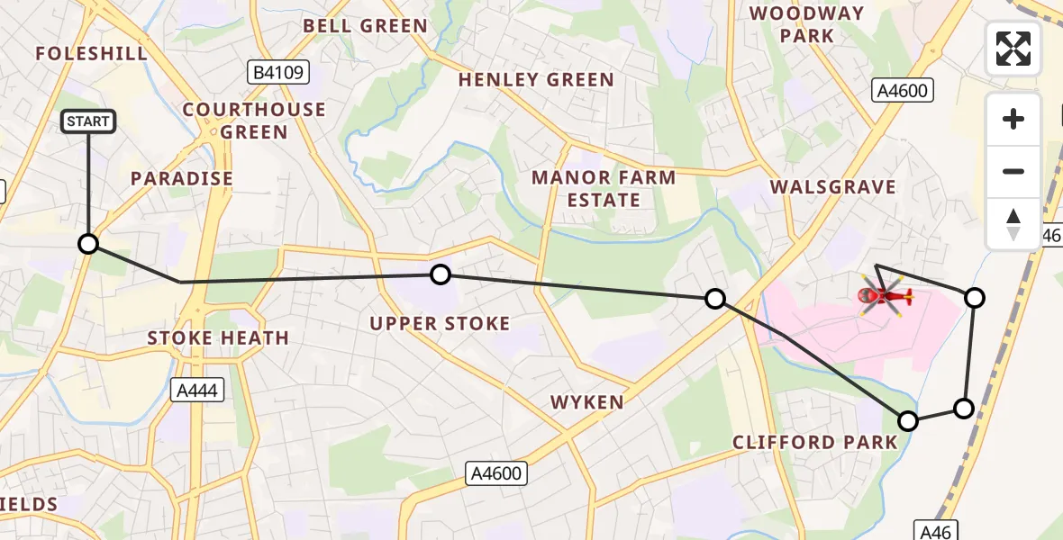 Flight route Air Ambulance Helicopter Daimler Green - University Hospital Coventry, 14 October 2026, 17:04