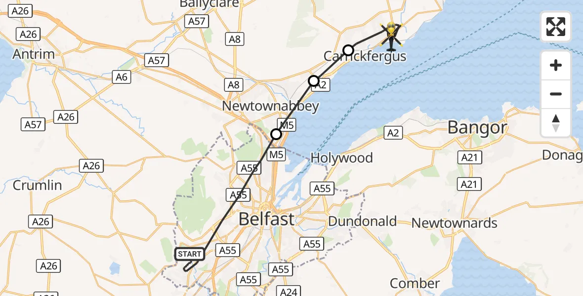 Flight route Police Helicopter Belfast City District - Carrickfergus, 14 October 2026, 17:07