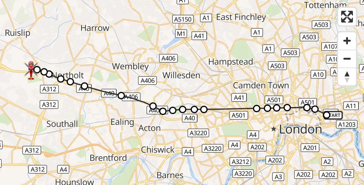 Flight route Air Ambulance Helicopter Royal London Hospital - RAF Northolt, 14 October 2026, 17:15
