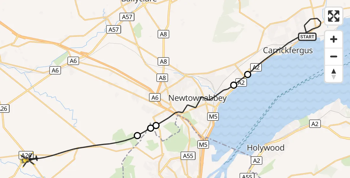 Flight route Police Helicopter Carrickfergus - Antrim and Newtownabbey District, 14 October 2026, 17:20
