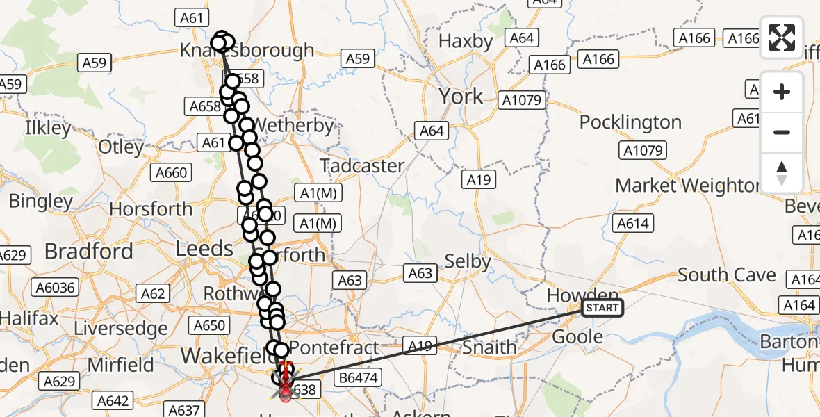 Flight route Air Ambulance Helicopter Balkholme - YAA Nostell Helicopter Port, 14 October 2026, 17:20