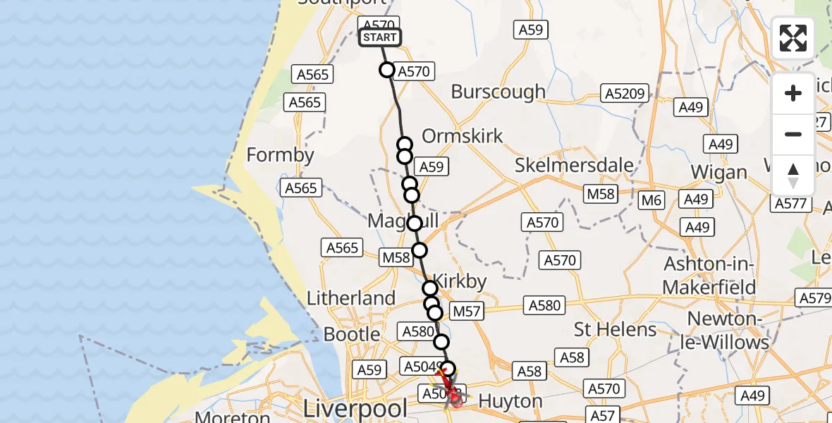 Flight route Air Ambulance Helicopter West Lancashire - Knotty Ash, 14 October 2026, 17:23