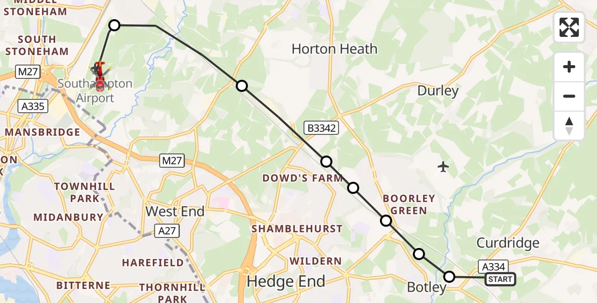 Flight route Air Ambulance Helicopter Curdridge - Southampton Airport, 14 October 2026, 17:27