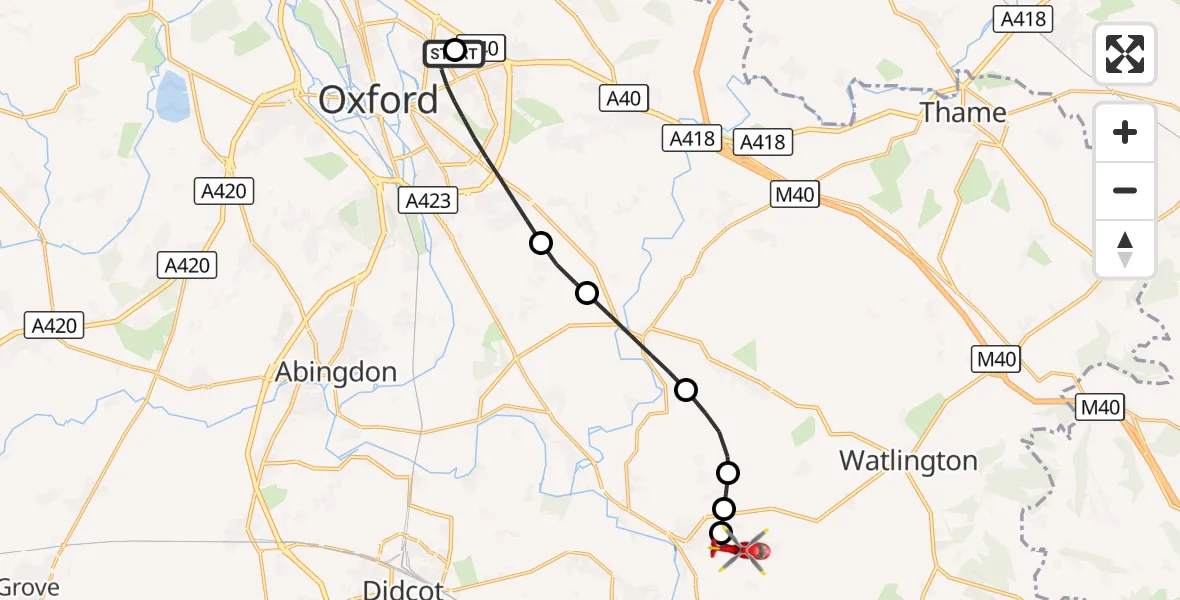 Flight route Air Ambulance Helicopter John Radcliffe Hospital - RAF Benson, 14 October 2026, 17:36