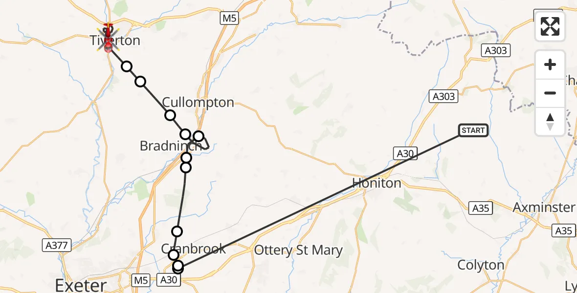 Flight route Air Ambulance Helicopter Stockland - Tiverton, 14 October 2026, 17:44