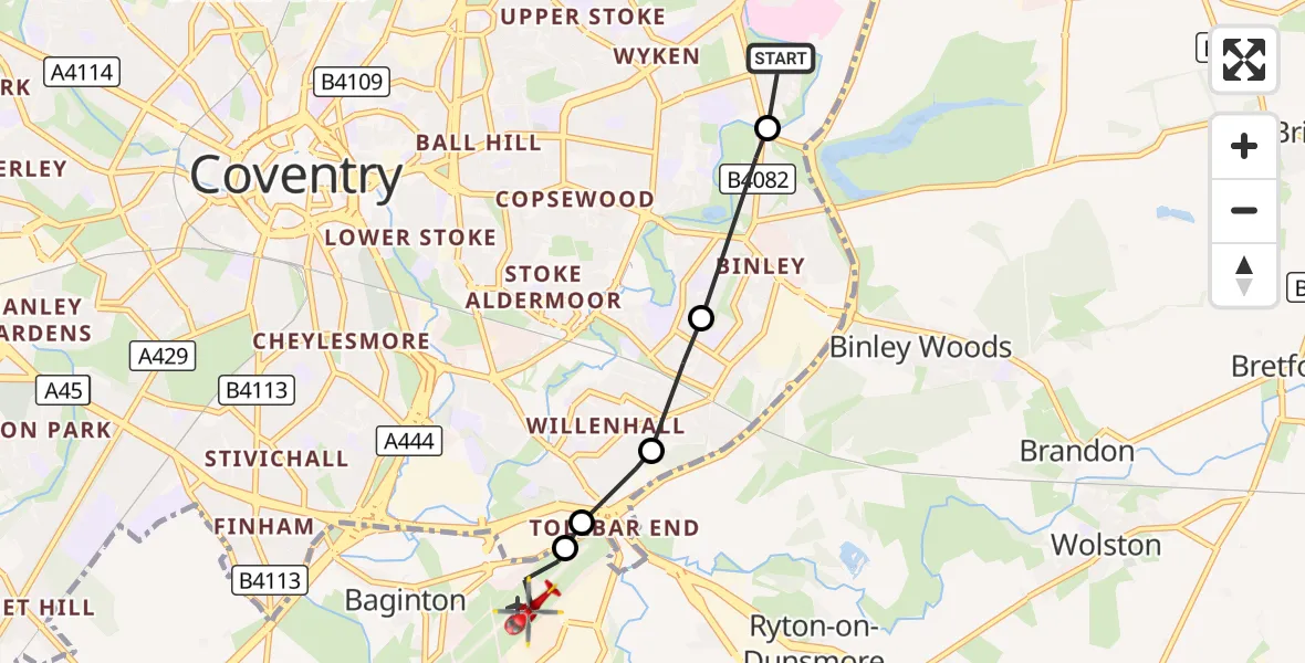 Flight route Air Ambulance Helicopter University Hospital Coventry - Coventry Airport, 14 October 2026, 17:47