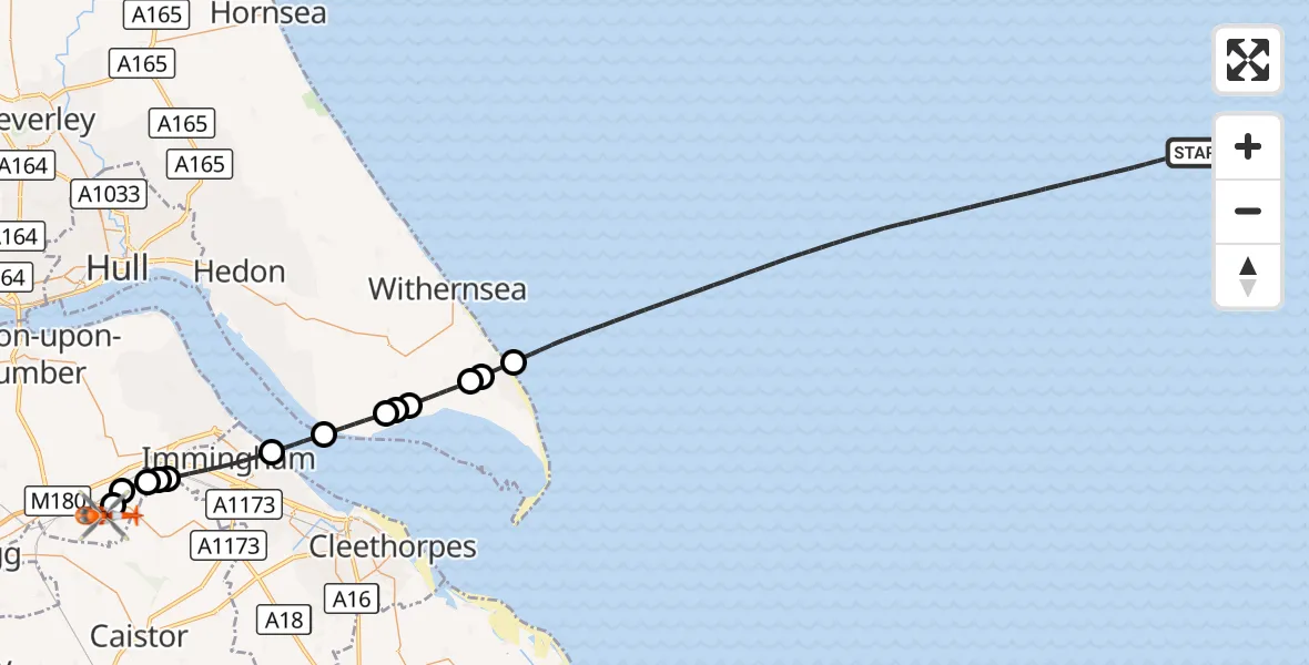 Flight route Coastguard Helicopter North Sea - Humberside Airport, 14 October 2026, 17:57