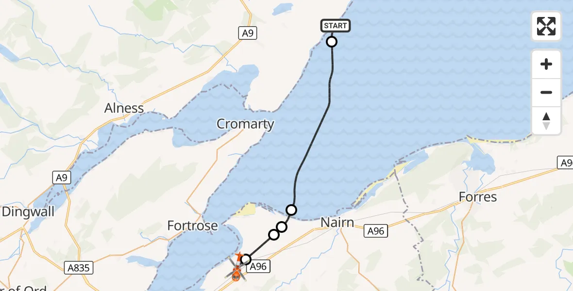 Flight route Coastguard Helicopter Hilton of Cadboll - Inverness Airport, 14 October 2026, 18:16