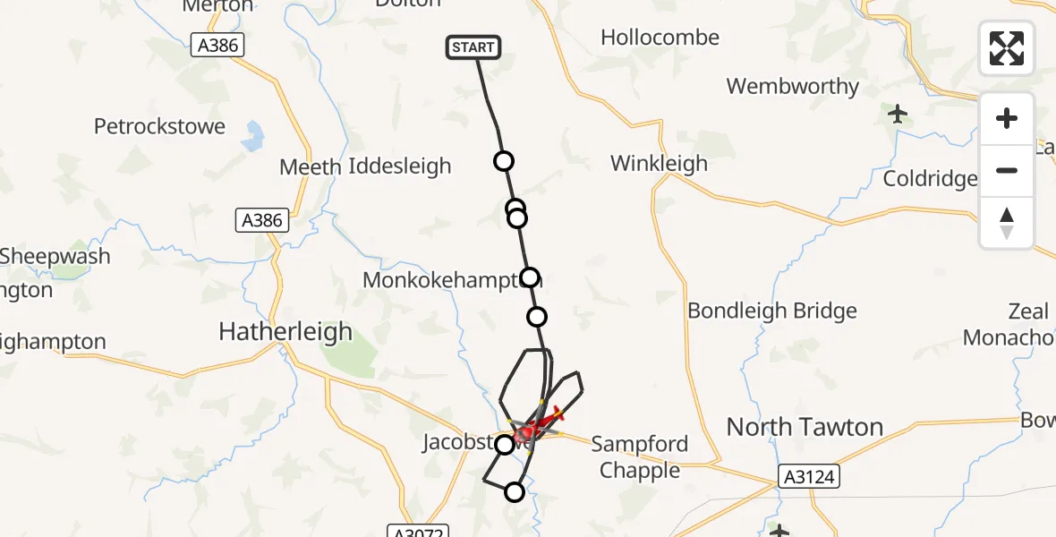 Flight route Air Ambulance Helicopter Dolton - Exbourne, 14 October 2026, 18:20