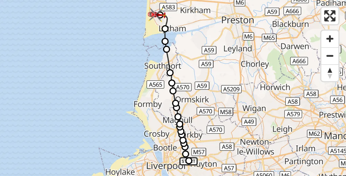 Flight route Air Ambulance Helicopter Knotty Ash - Blackpool Airport, 14 October 2026, 18:25