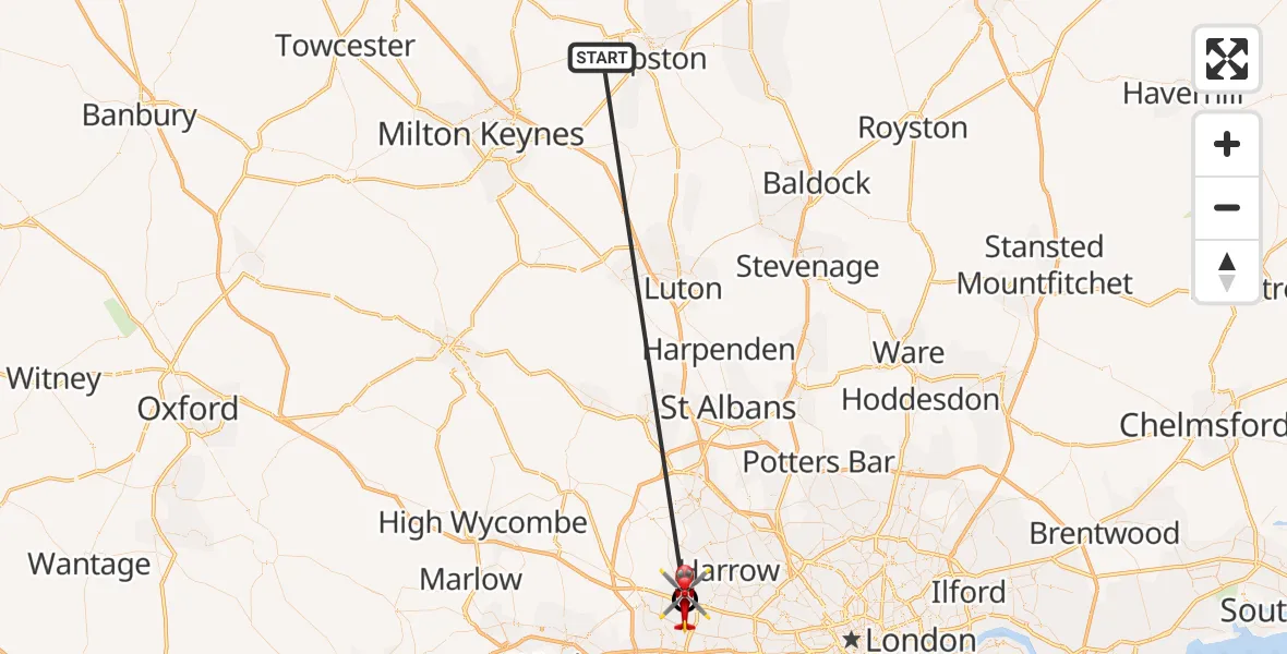 Flight route Air Ambulance Helicopter Stagsden - RAF Northolt, 14 October 2026, 18:30