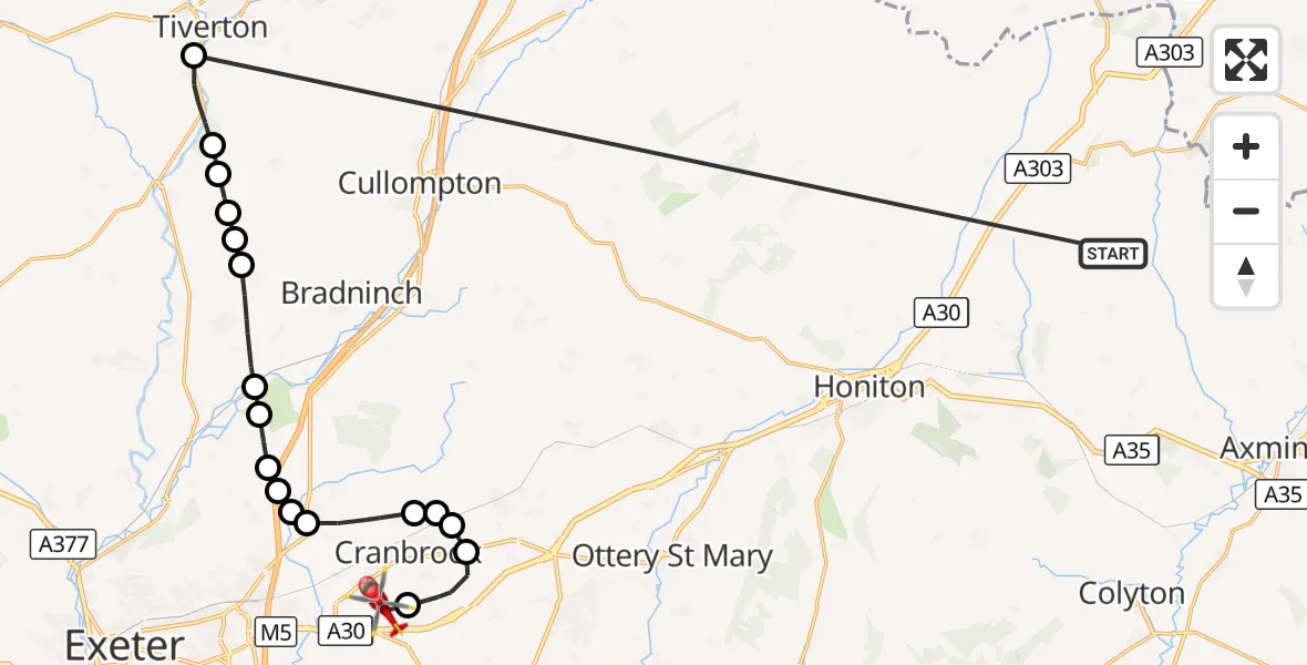 Flight route Air Ambulance Helicopter Stockland - Exeter International Airport, 14 October 2026, 18:38