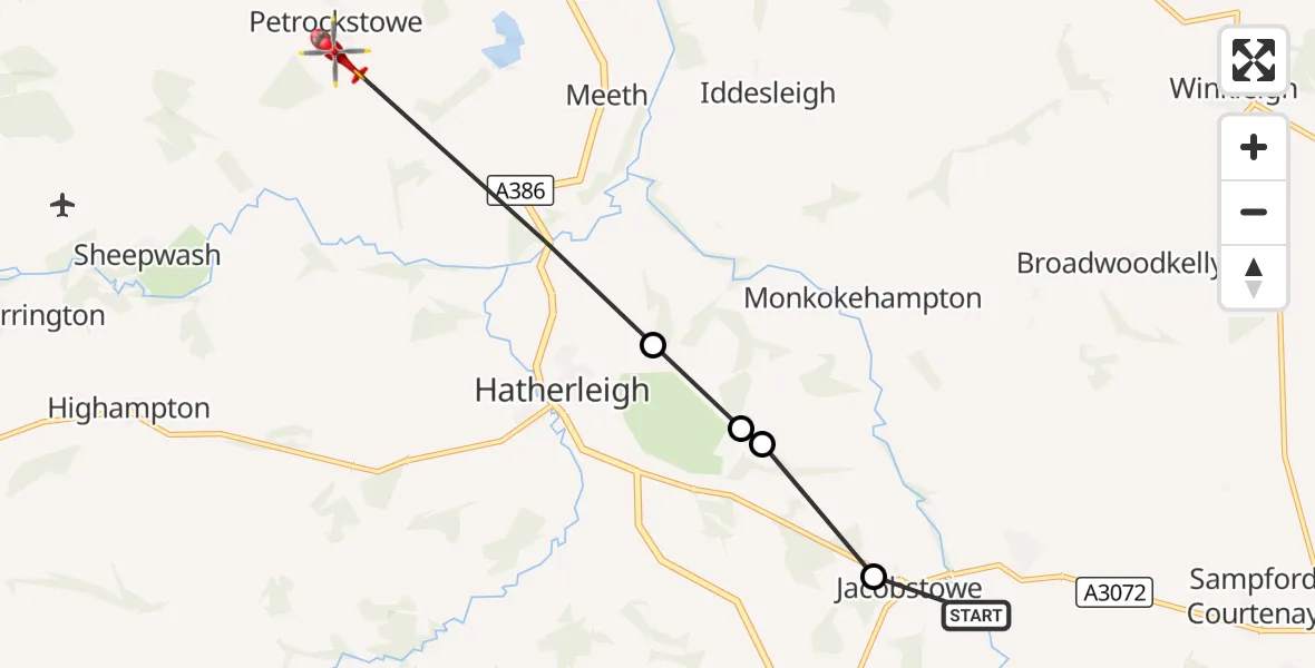 Flight route Air Ambulance Helicopter Exbourne - Petrockstowe, 14 October 2026, 18:38