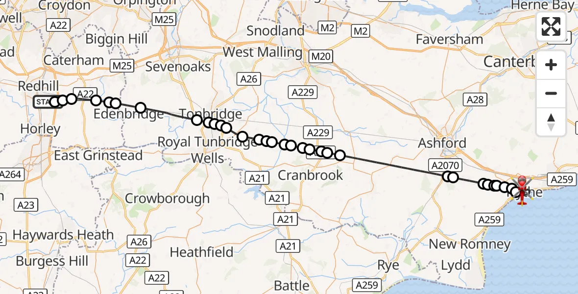 Flight route Air Ambulance Helicopter Redhill Aerodrome - Hythe, 14 October 2026, 18:40