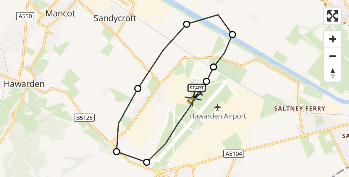 Flight route Police Helicopter Hawarden Airport - Hawarden Airport, 14 October 2026, 19:03