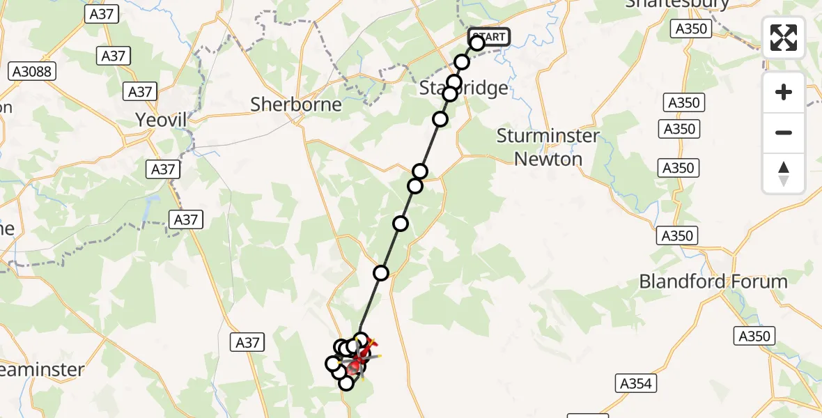 Flight route Air Ambulance Helicopter Henstridge Airfield - Cerne Abbas, 14 October 2026, 19:07