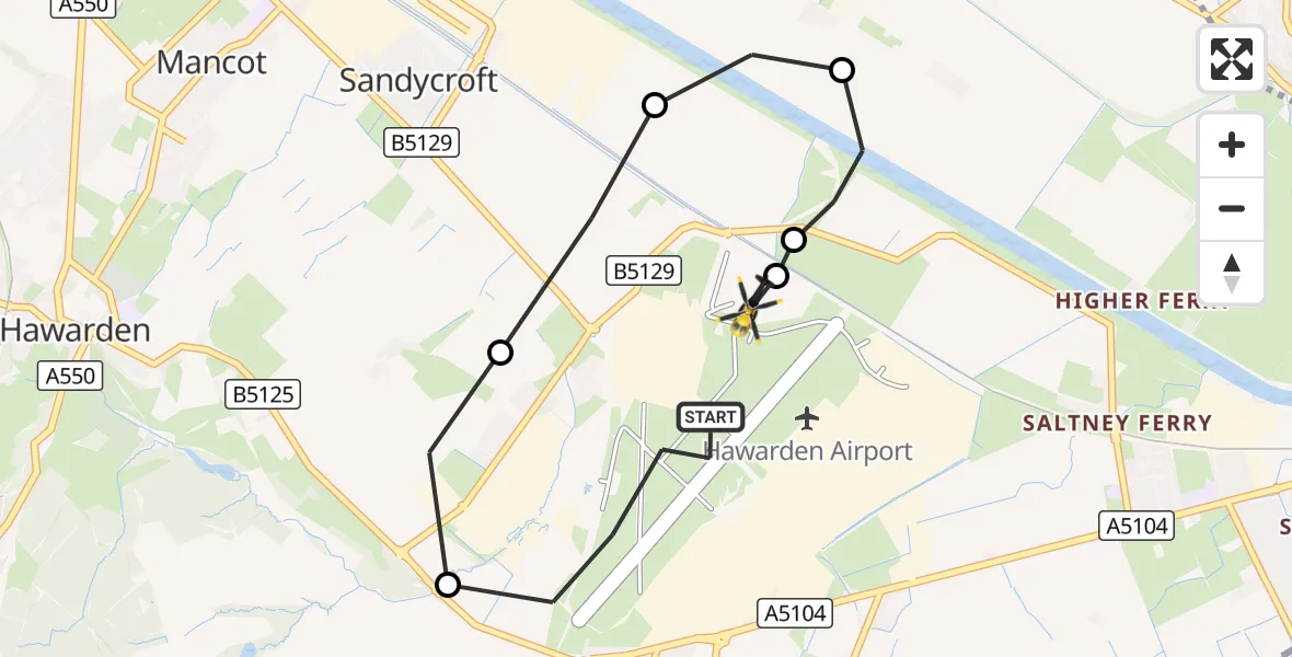 Flight route Police Helicopter Hawarden Airport - Hawarden Airport, 14 October 2026, 19:08