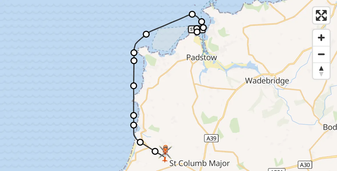 Flight route Coastguard Helicopter Padstow - Cornwall Airport Newquay, 14 October 2026, 19:10