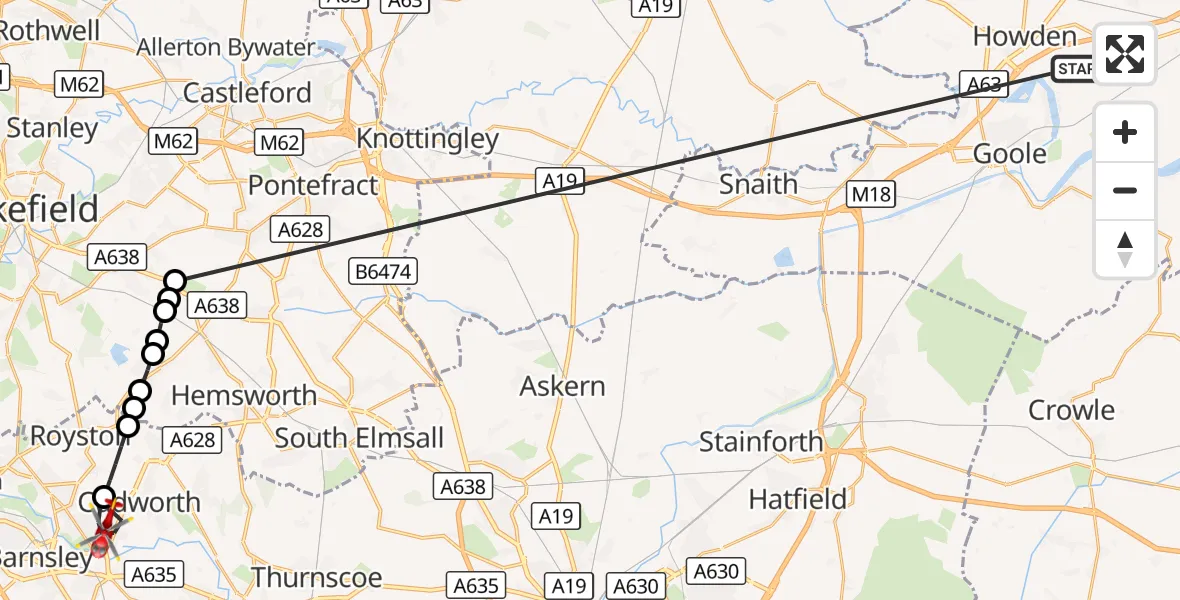 Flight route Air Ambulance Helicopter Balkholme - Cudworth, 14 October 2026, 19:20