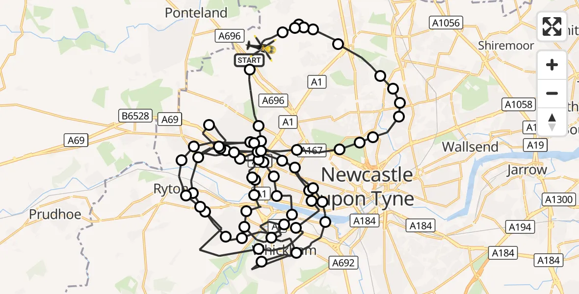 Flight route Police Helicopter Newcastle International Airport - Newcastle International Airport, 14 October 2026, 19:21