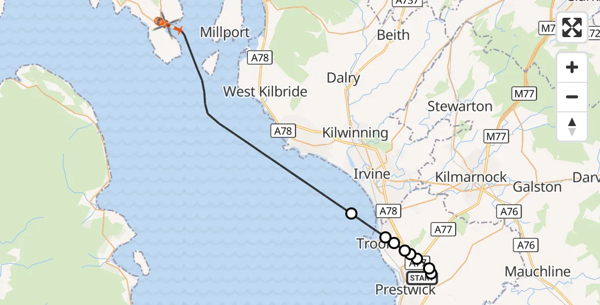 Flight route Coastguard Helicopter Glasgow Prestwick Airport - Inner Seas, 14 October 2026, 19:32