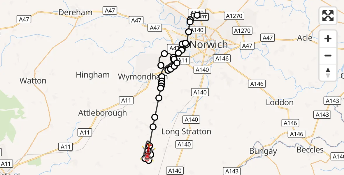 Flight route Air Ambulance Helicopter Norwich Airport - Priory Farm Airstrip, 14 October 2026, 20:00