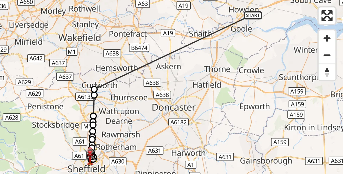 Flight route Air Ambulance Helicopter Balkholme - Sheffield Northern Hospital, 14 October 2026, 20:04