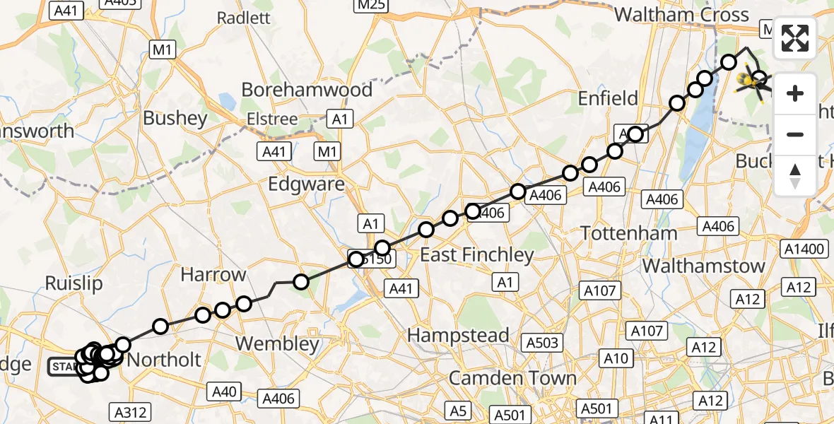 Flight route Police Helicopter Hillingdon - Sewardstonebury, 14 October 2026, 20:05