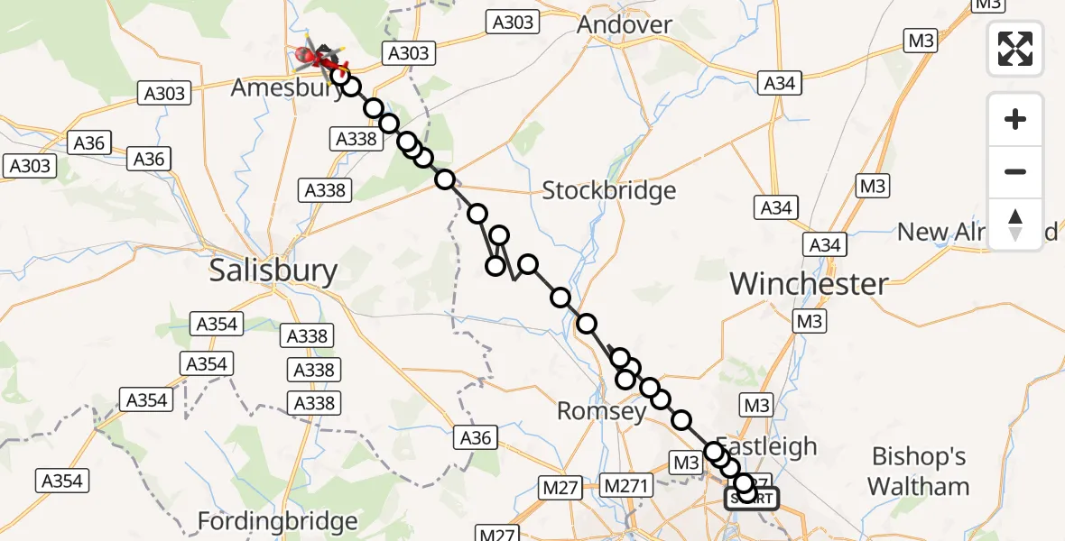Flight route Air Ambulance Helicopter Southampton Airport - Bulford, 14 October 2026, 20:06