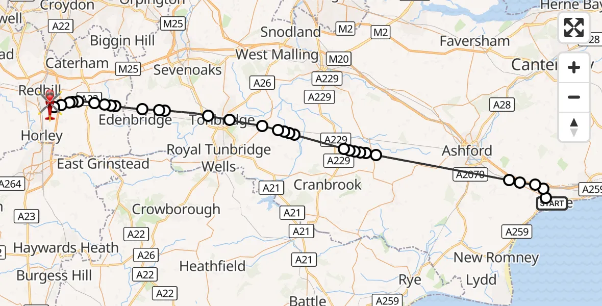 Flight route Air Ambulance Helicopter Hythe - Redhill Aerodrome, 14 October 2026, 20:20