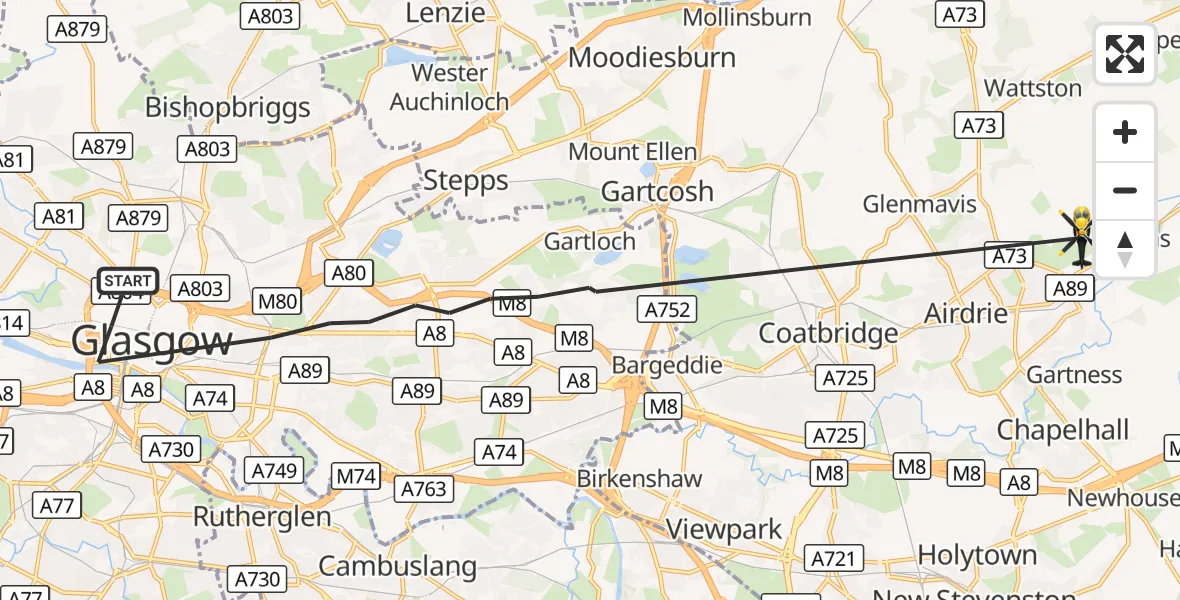 Flight route Police Helicopter Glasgow - Airdrie, 14 October 2026, 20:35