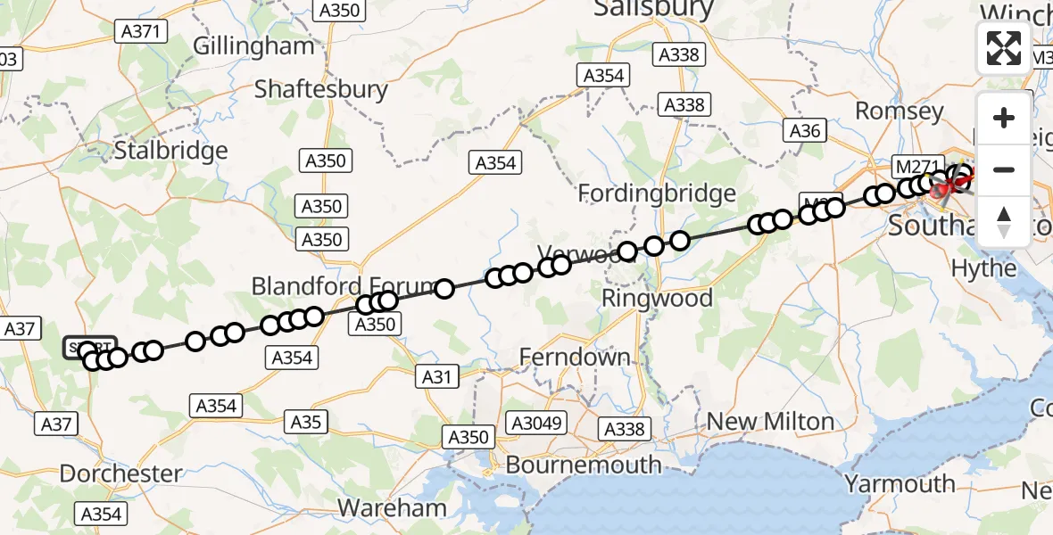 Flight route Air Ambulance Helicopter Cerne Abbas - University Hospital Southampton, 14 October 2026, 20:43