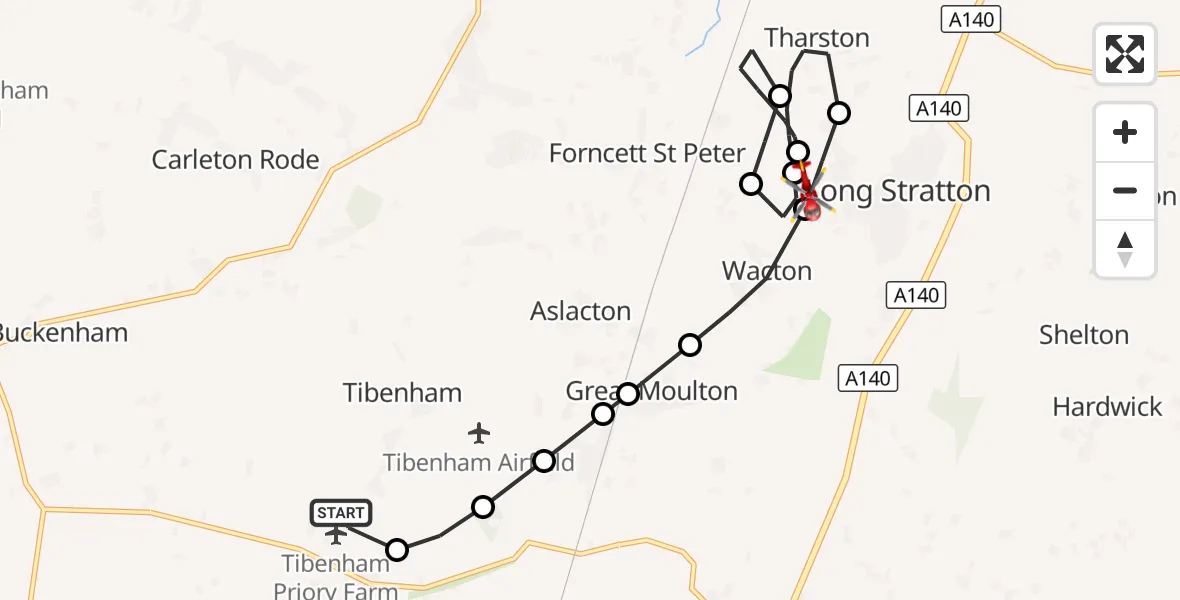 Flight route Air Ambulance Helicopter Priory Farm Airstrip - Long Stratton Airstrip, 14 October 2026, 20:52