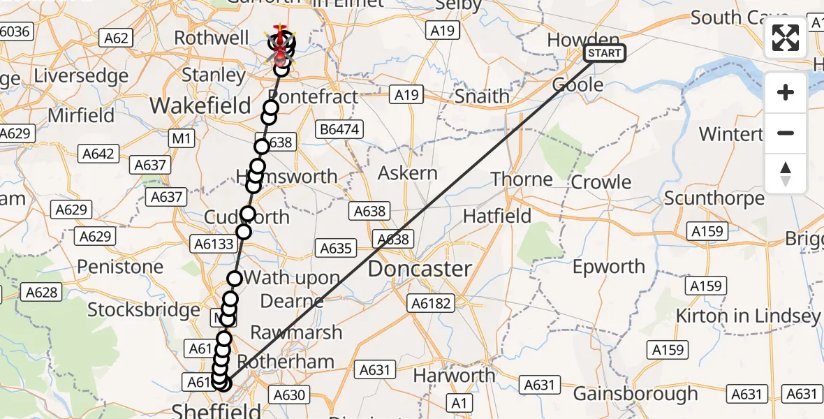 Flight route Air Ambulance Helicopter Balkholme - Ledston, 14 October 2026, 20:52