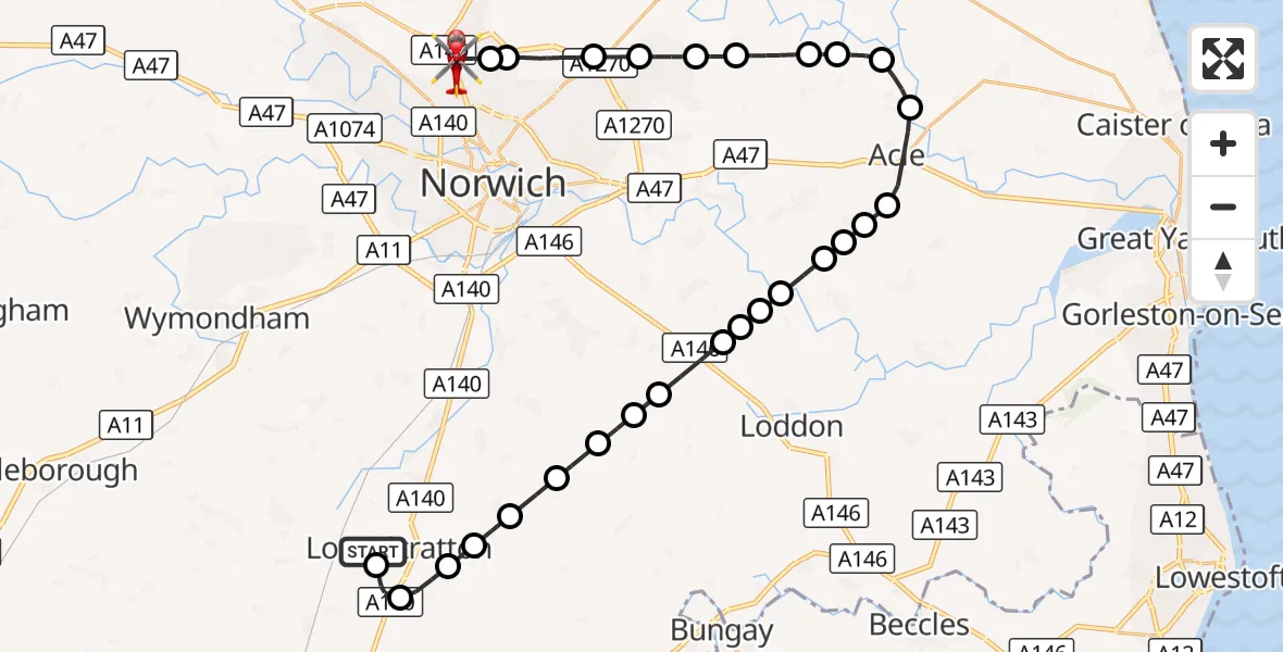 Flight route Air Ambulance Helicopter Long Stratton Airstrip - Norwich Airport, 14 October 2026, 21:07