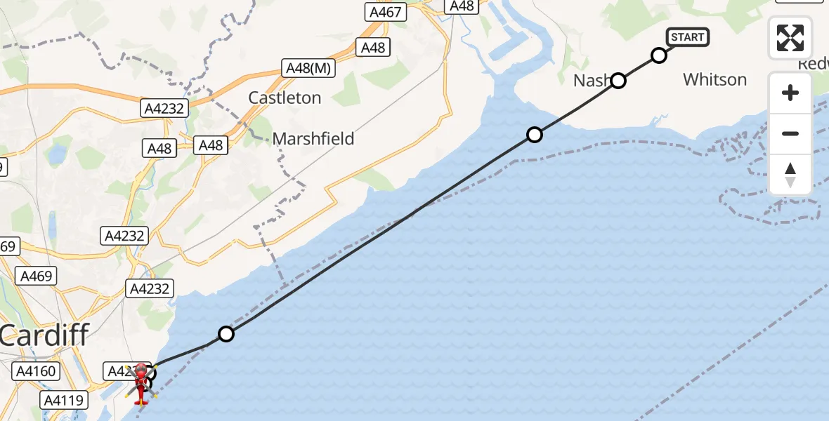 Flight route Air Ambulance Helicopter Whitson - Cardiff Heliport, 14 October 2026, 21:41