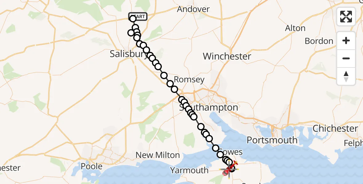Flight route Air Ambulance Helicopter Bulford - Newport, 14 October 2026, 21:48
