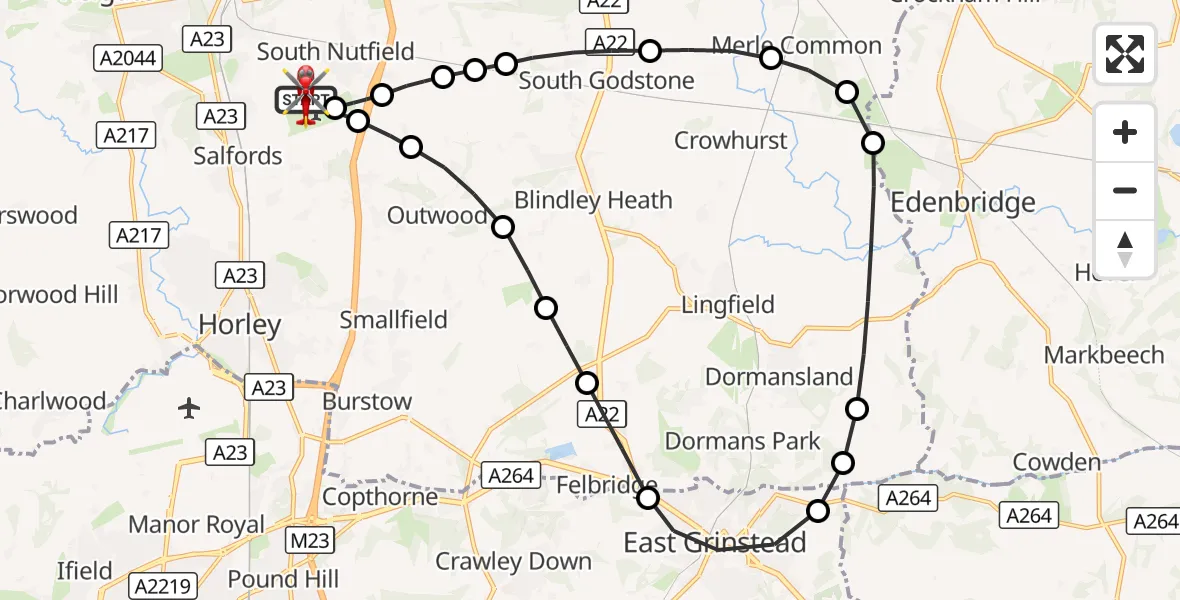 Flight route Air Ambulance Helicopter Redhill Aerodrome - Redhill Aerodrome, 14 October 2026, 21:49
